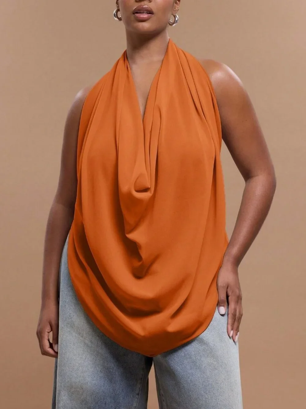 Orange Elegant Women's Plus Size Chiffon Halter Neck Backless Draped Top